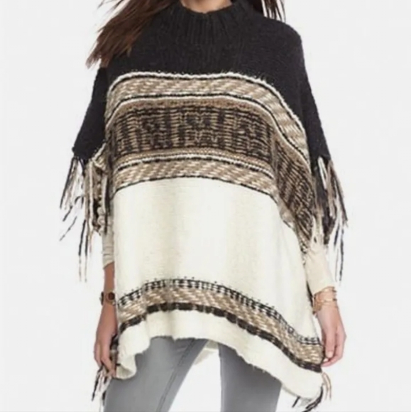 Free People Sweaters - FREE PEOPLE Poncho Knit Sweater Cape Shawl Fringe Boho XS/S Brown Oversized
